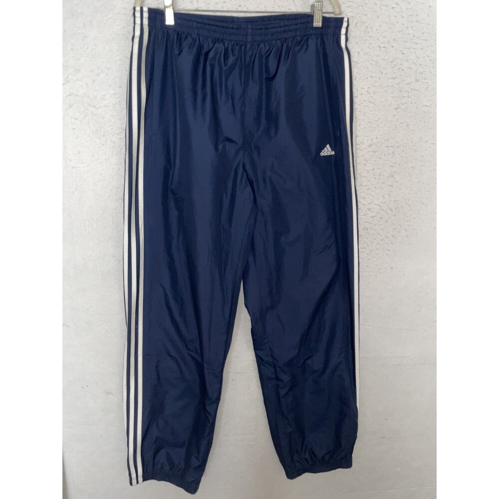 Vintage Y2K Adidas Track Pants Mens L Navy Blue Nylon Lined 3 Stripe Zip Hem